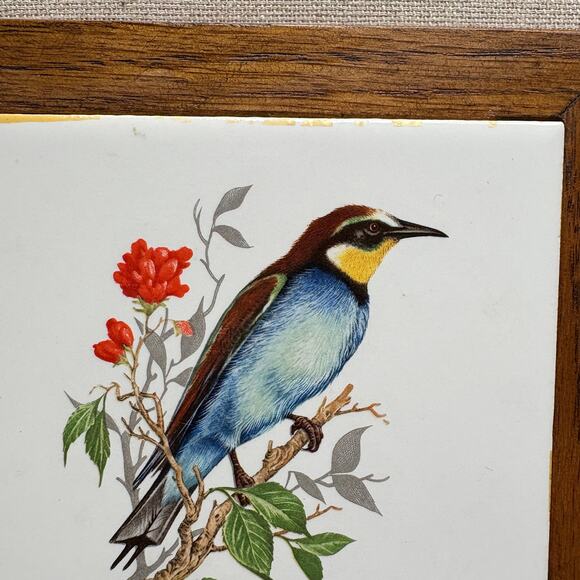 Vtg Ceramic Trivet Wall Hanging Tile Bird on Branch Wood Frame Square 5.5" - Picture 2 of 7